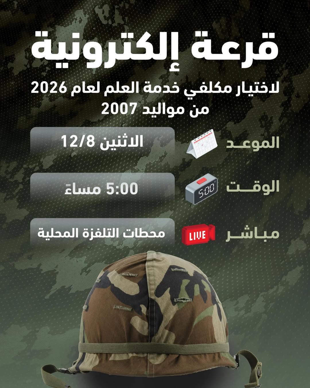 عاجل - وزير الاتصال الحكومي:إجراء القرعة الإلكترونية لاختيار مكلفي خدمة العلم لعام 2026  الساعة الخامسة من مساء يوم الاثنين