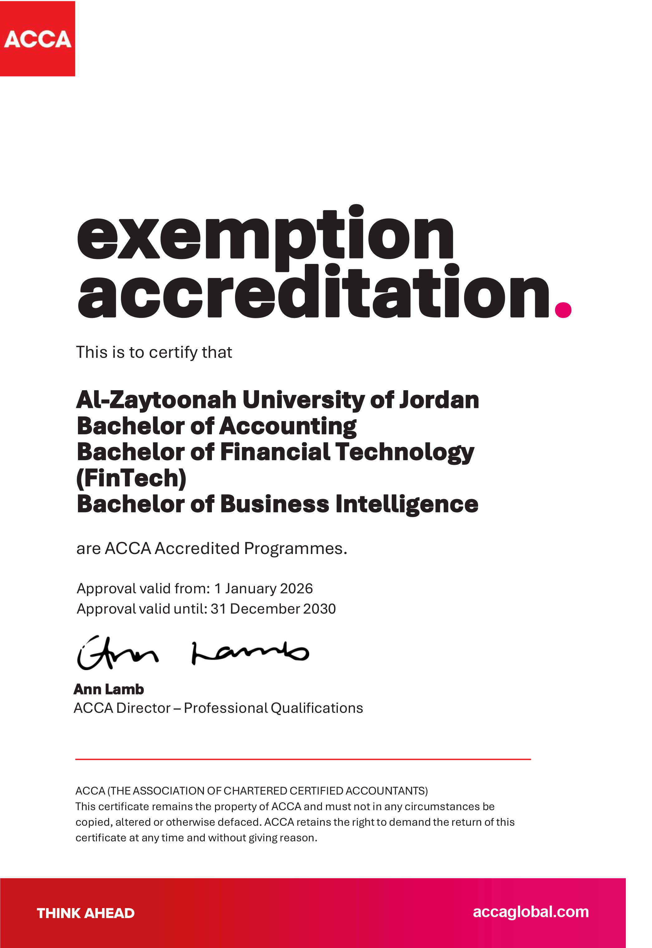 جامعة الزيتونة الأردنية تنال اعتماد (ACCA) العالمي لثلاثة من برامج كلية الأعمال