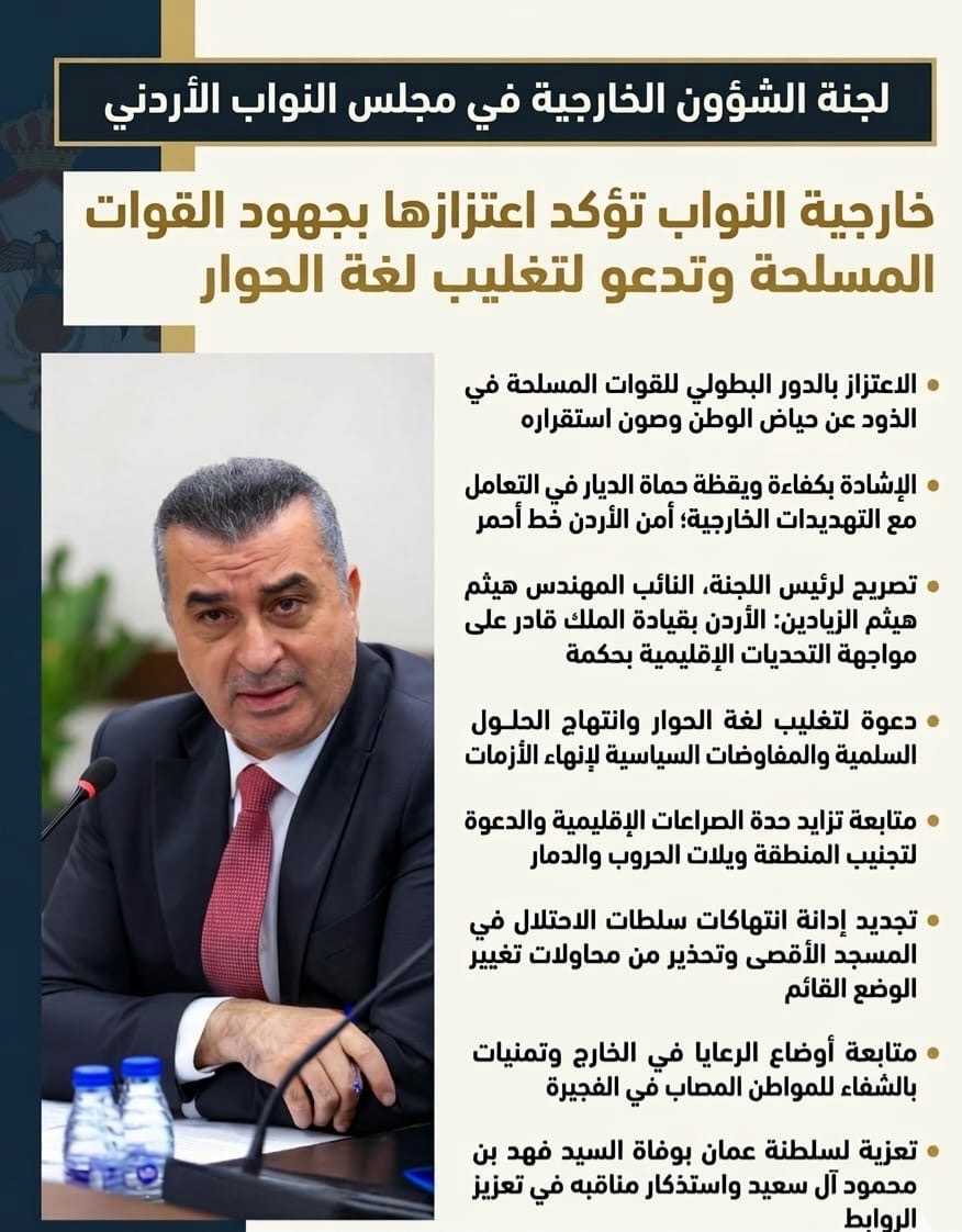 زيادين: نؤكد اعتزازنا بجهود القوات المسلحة وأدعو لتغليب لغة الحوار لإنهاء أزمات المنطقة